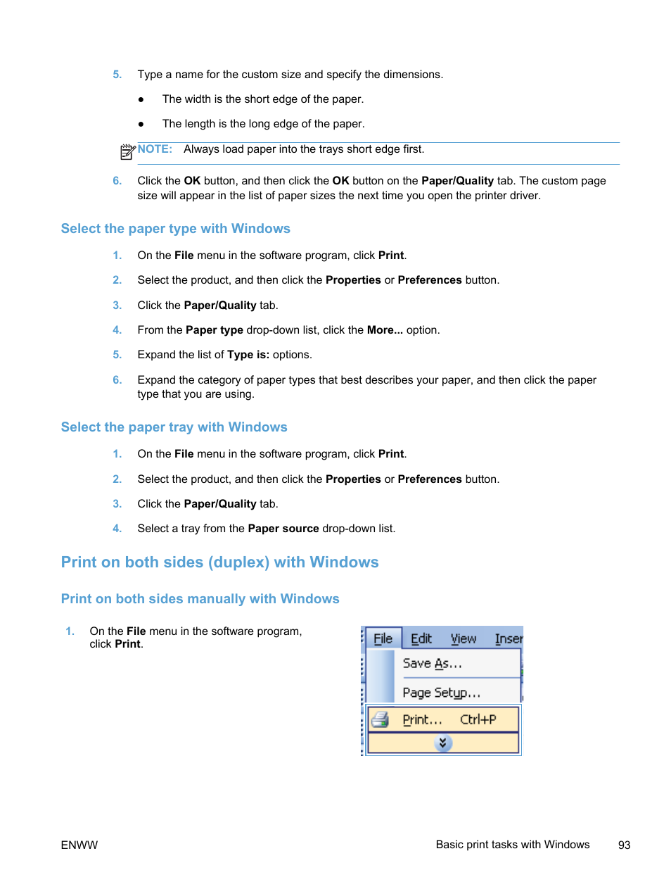 Select the paper type with windows, Select the paper tray with windows, Print on both sides (duplex) with windows | Print on both sides manually with windows | HP LaserJet Pro 400 color Printer M451 series User Manual | Page 111 / 242