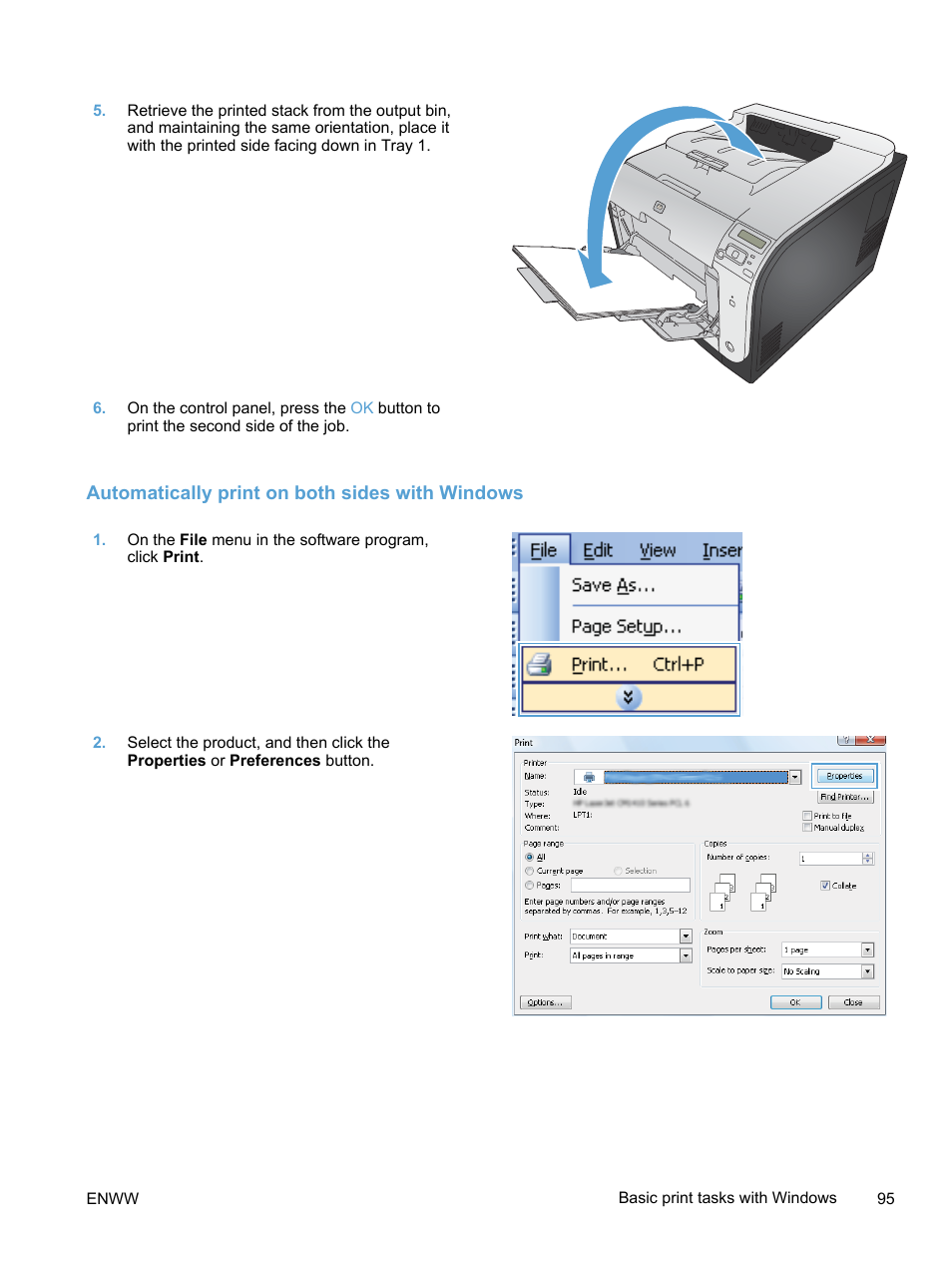 Automatically print on both sides with windows | HP LaserJet Pro 400 color Printer M451 series User Manual | Page 113 / 242