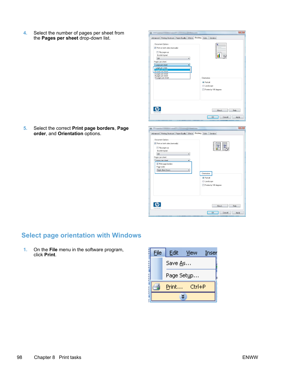 Select page orientation with windows | HP LaserJet Pro 400 color Printer M451 series User Manual | Page 116 / 242