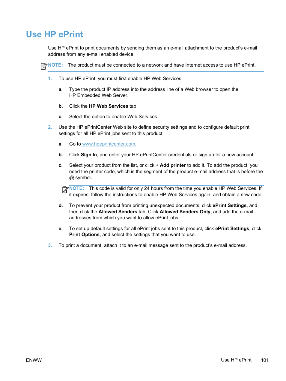 Use hp eprint | HP LaserJet Pro 400 color Printer M451 series User Manual | Page 119 / 242
