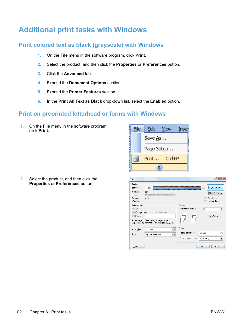 Additional print tasks with windows | HP LaserJet Pro 400 color Printer M451 series User Manual | Page 120 / 242