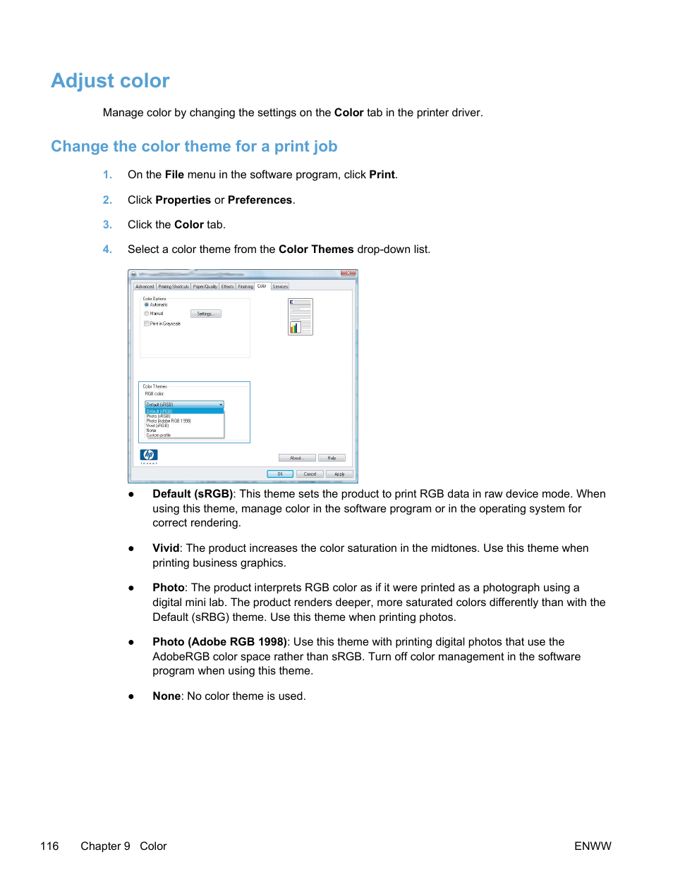Adjust color, Change the color theme for a print job | HP LaserJet Pro 400 color Printer M451 series User Manual | Page 134 / 242