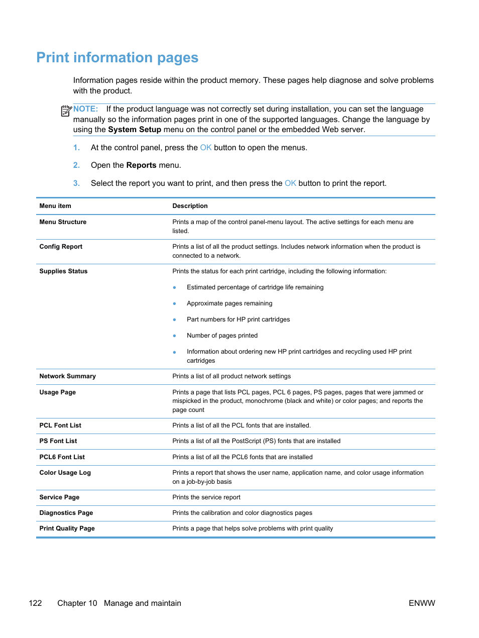 Print information pages | HP LaserJet Pro 400 color Printer M451 series User Manual | Page 140 / 242