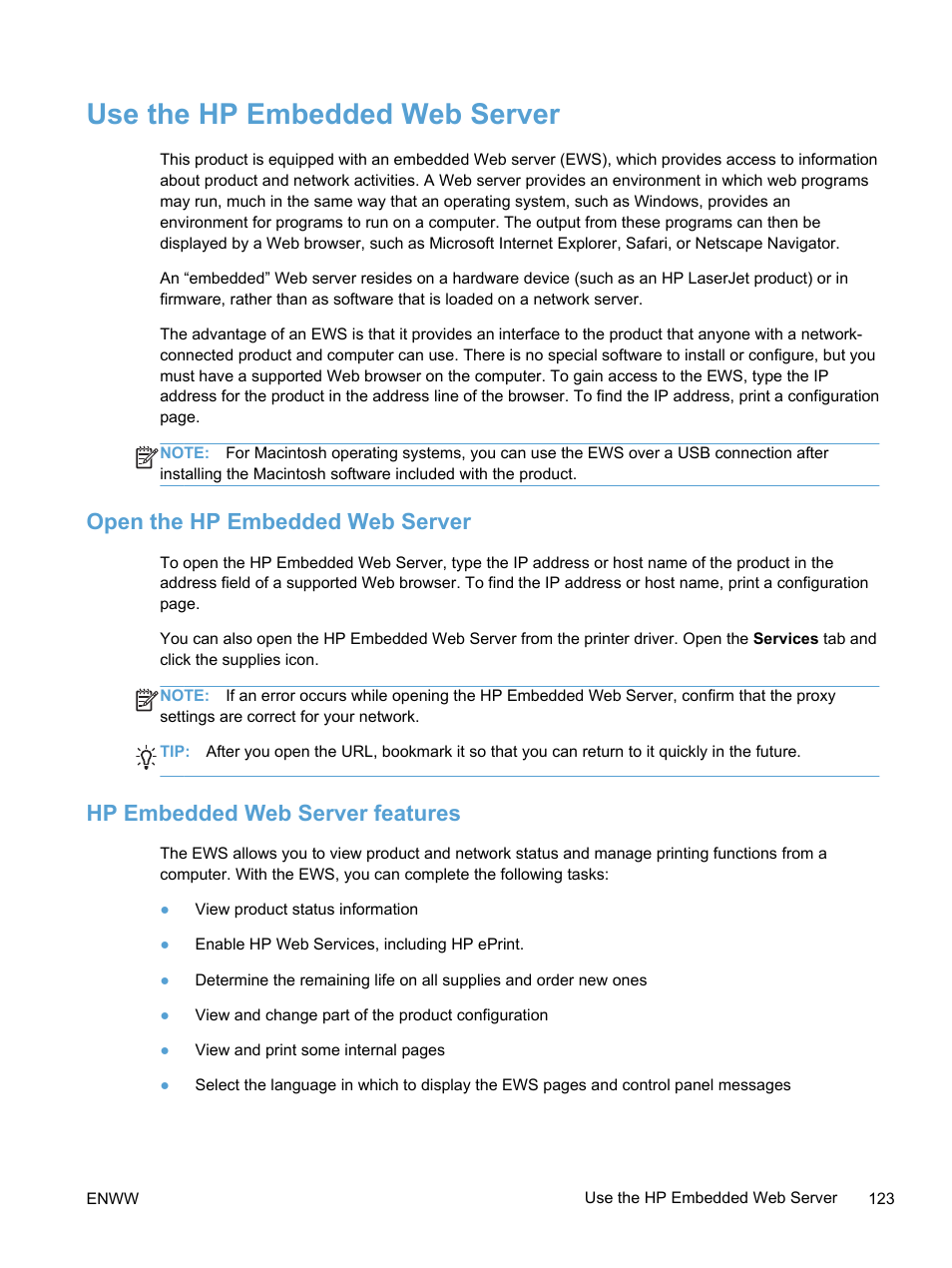 Use the hp embedded web server, Open the hp embedded web server, Hp embedded web server features | HP LaserJet Pro 400 color Printer M451 series User Manual | Page 141 / 242