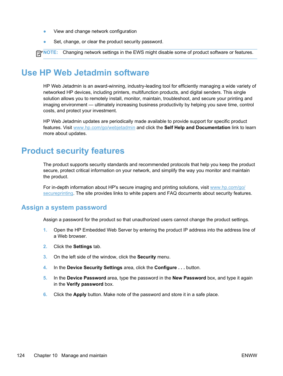 Use hp web jetadmin software, Product security features, Assign a system password | HP LaserJet Pro 400 color Printer M451 series User Manual | Page 142 / 242