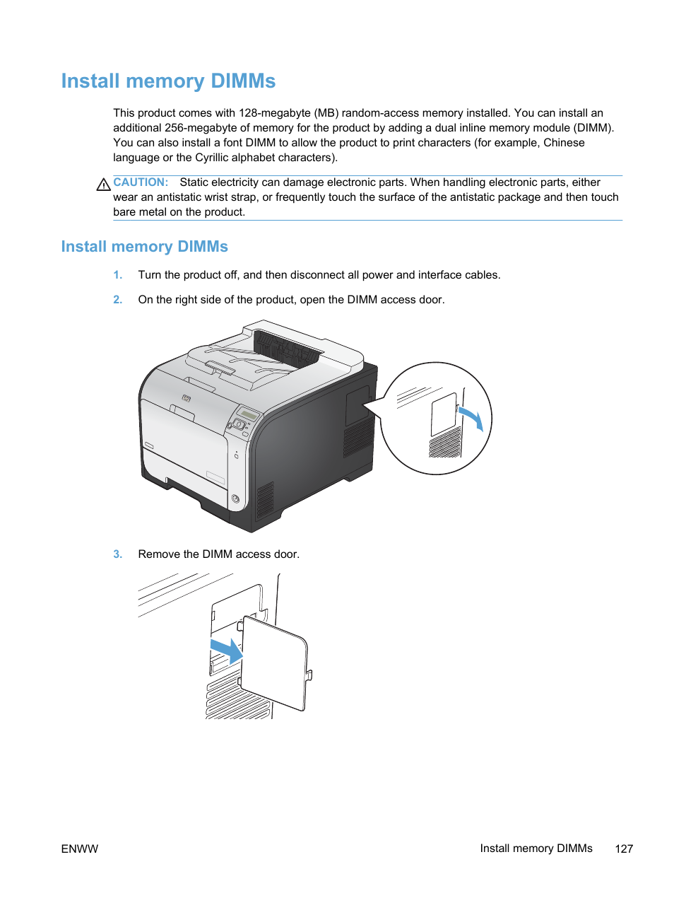 Install memory dimms | HP LaserJet Pro 400 color Printer M451 series User Manual | Page 145 / 242