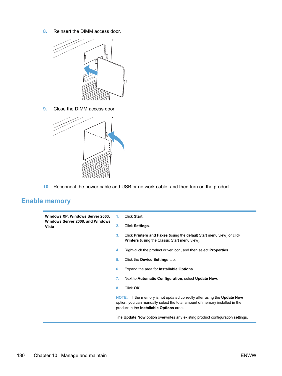 Enable memory | HP LaserJet Pro 400 color Printer M451 series User Manual | Page 148 / 242