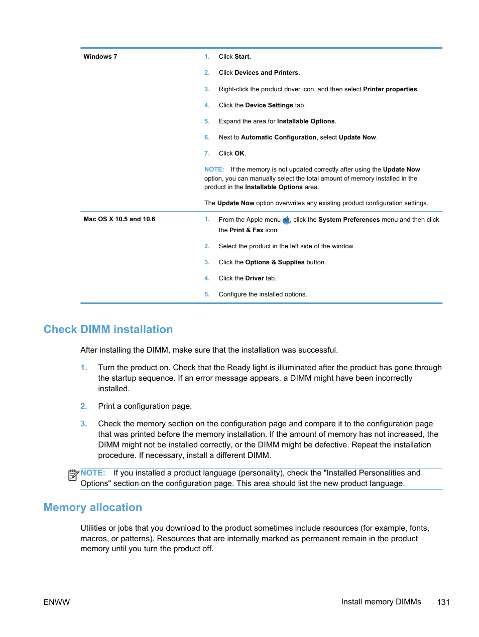 Check dimm installation, Memory allocation, Check dimm installation memory allocation | HP LaserJet Pro 400 color Printer M451 series User Manual | Page 149 / 242