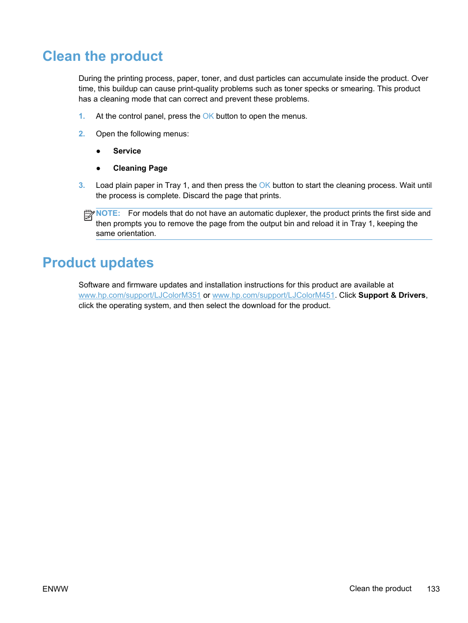Clean the product, Product updates, Clean the product product updates | HP LaserJet Pro 400 color Printer M451 series User Manual | Page 151 / 242