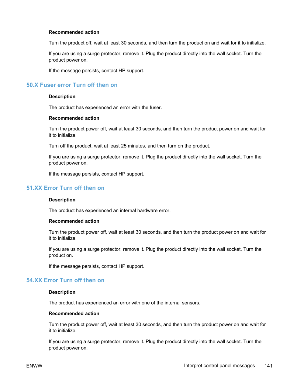 X fuser error turn off then on, Xx error turn off then on | HP LaserJet Pro 400 color Printer M451 series User Manual | Page 159 / 242