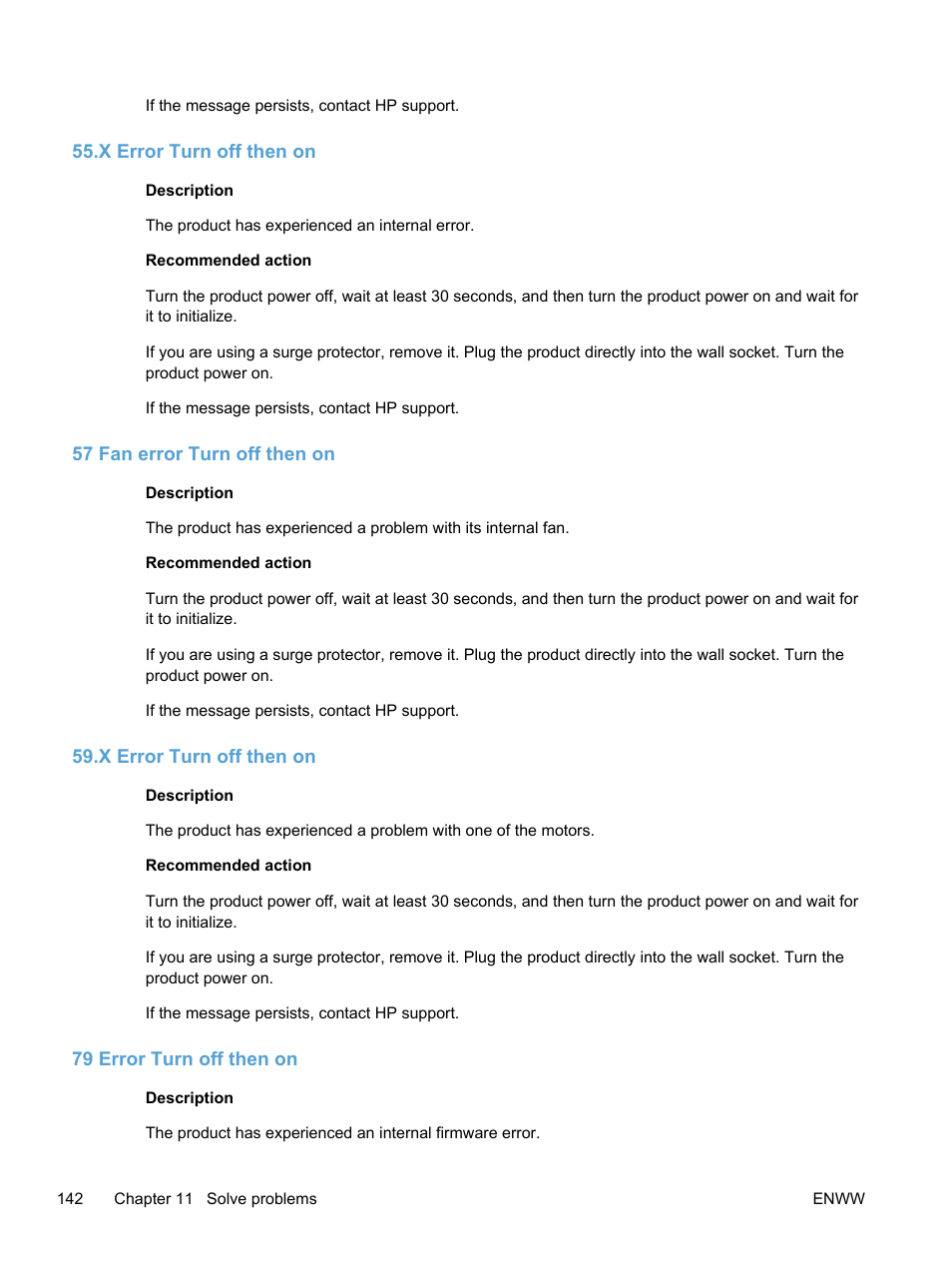 X error turn off then on, 57 fan error turn off then on, 79 error turn off then on | HP LaserJet Pro 400 color Printer M451 series User Manual | Page 160 / 242