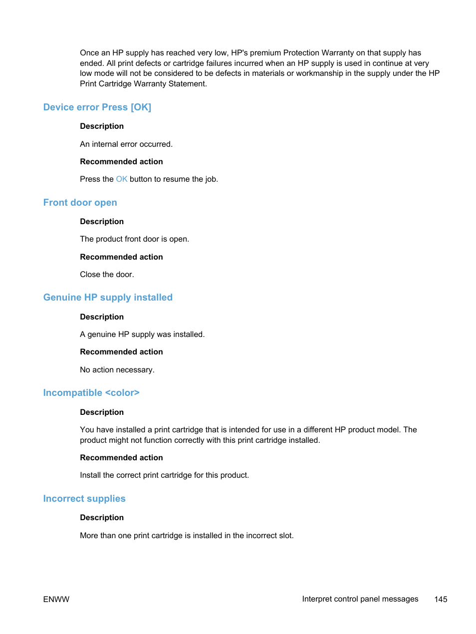 Device error press [ok, Front door open, Genuine hp supply installed | Incompatible <color, Incorrect supplies | HP LaserJet Pro 400 color Printer M451 series User Manual | Page 163 / 242