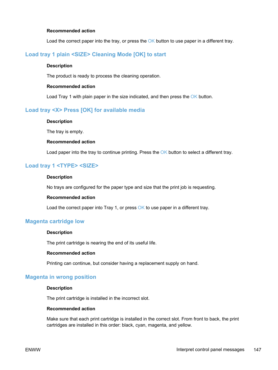 Load tray <x> press [ok] for available media, Load tray 1 <type> <size, Magenta cartridge low | Magenta in wrong position | HP LaserJet Pro 400 color Printer M451 series User Manual | Page 165 / 242