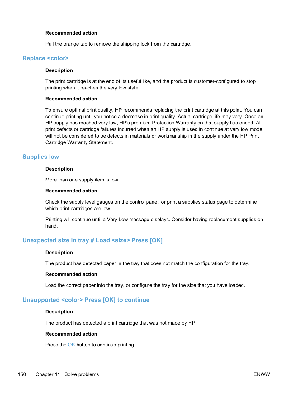 Replace <color, Supplies low, Unexpected size in tray # load <size> press [ok | Unsupported <color> press [ok] to continue | HP LaserJet Pro 400 color Printer M451 series User Manual | Page 168 / 242