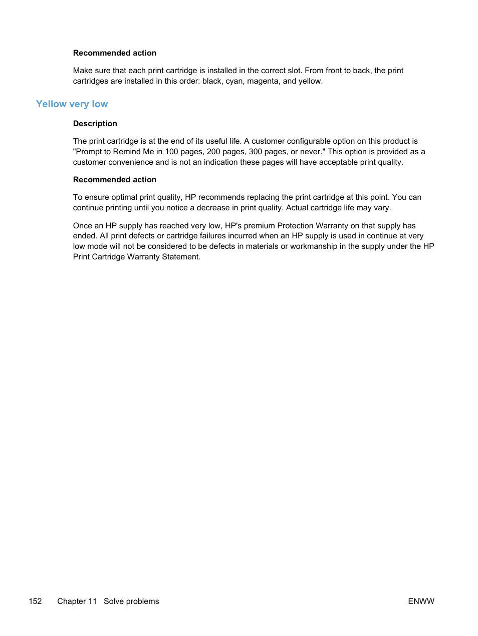 Yellow very low | HP LaserJet Pro 400 color Printer M451 series User Manual | Page 170 / 242