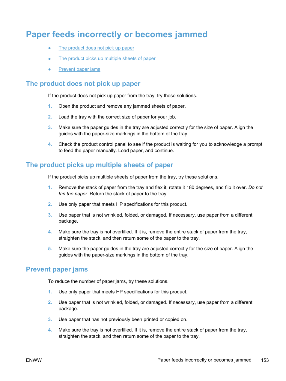 Paper feeds incorrectly or becomes jammed, The product does not pick up paper, The product picks up multiple sheets of paper | Prevent paper jams | HP LaserJet Pro 400 color Printer M451 series User Manual | Page 171 / 242