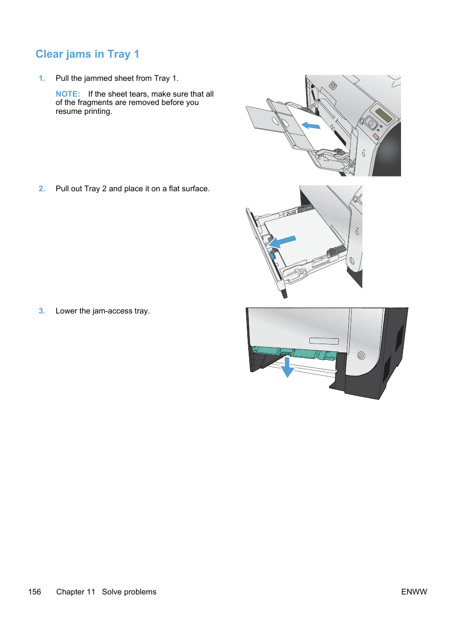 Clear jams in tray 1 | HP LaserJet Pro 400 color Printer M451 series User Manual | Page 174 / 242