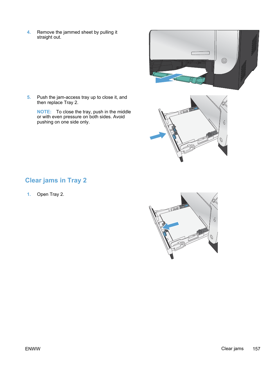 Clear jams in tray 2 | HP LaserJet Pro 400 color Printer M451 series User Manual | Page 175 / 242