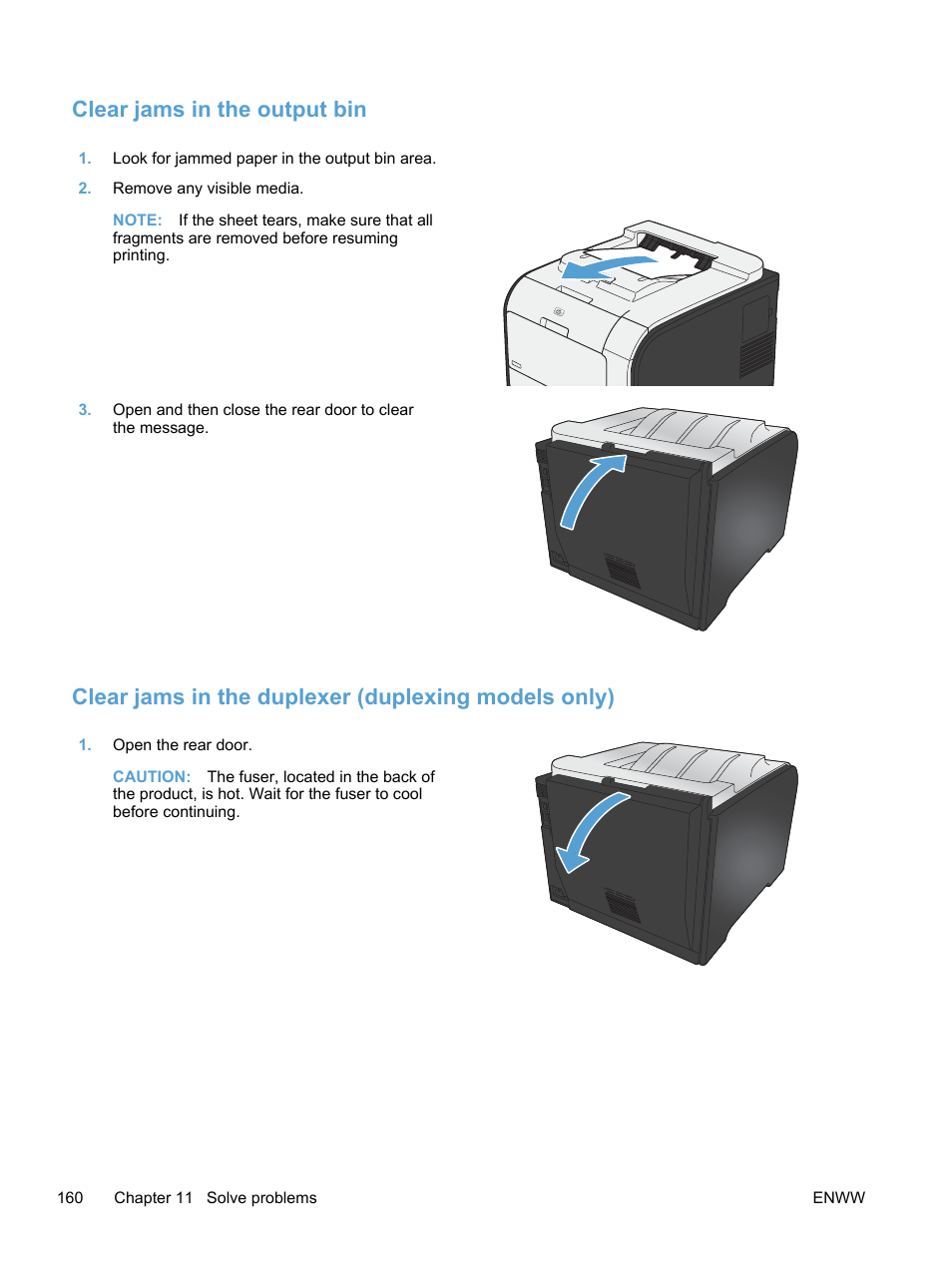 Clear jams in the output bin, Clear jams in the duplexer (duplexing models only) | HP LaserJet Pro 400 color Printer M451 series User Manual | Page 178 / 242