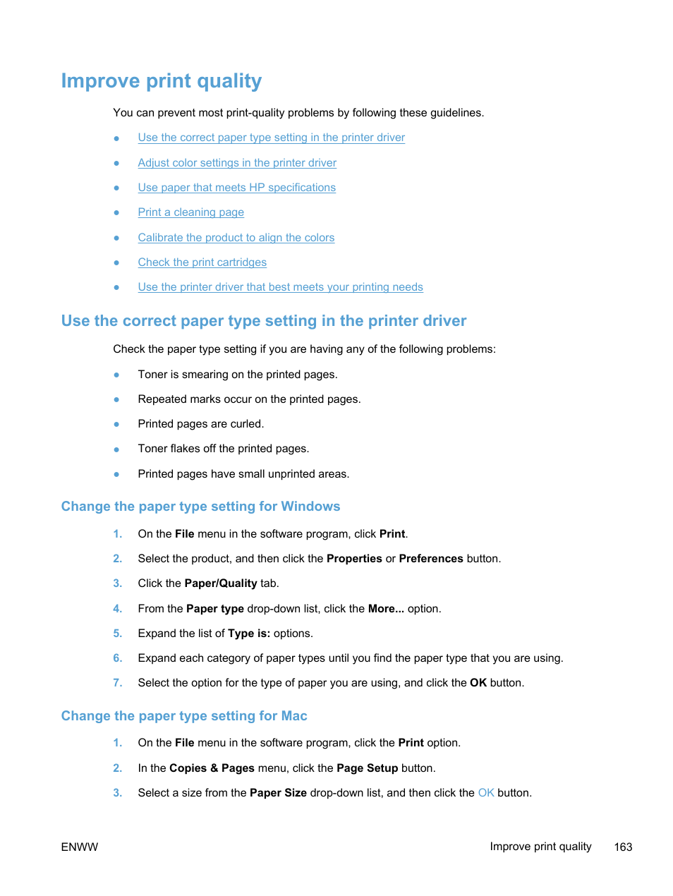 Improve print quality, Change the paper type setting for windows, Change the paper type setting for mac | HP LaserJet Pro 400 color Printer M451 series User Manual | Page 181 / 242
