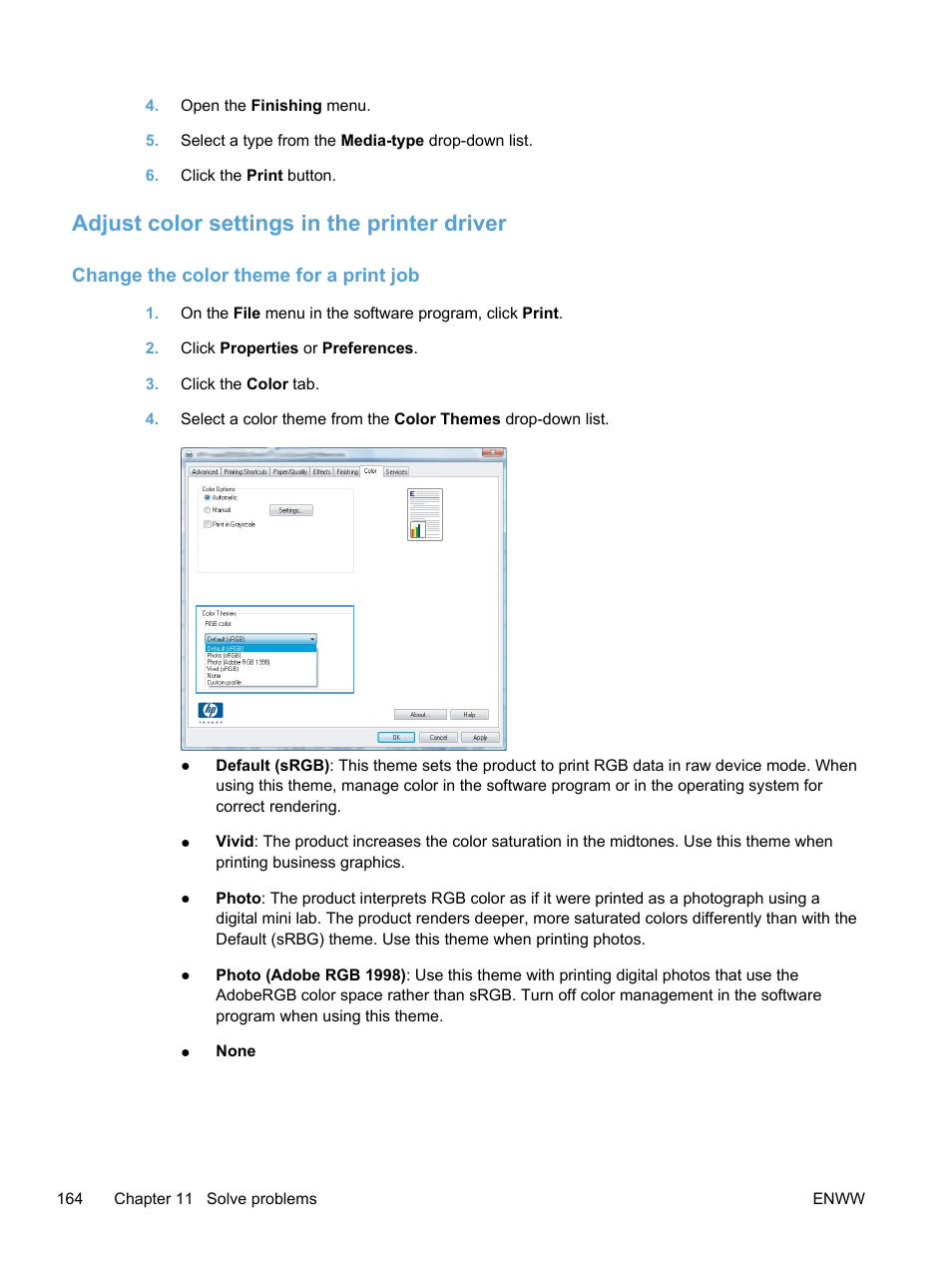 Adjust color settings in the printer driver, Change the color theme for a print job | HP LaserJet Pro 400 color Printer M451 series User Manual | Page 182 / 242