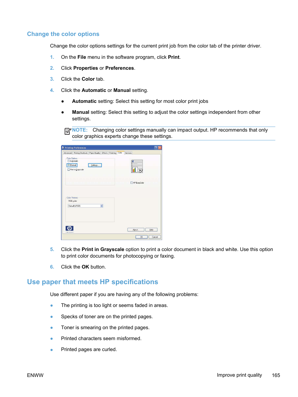 Change the color options, Use paper that meets hp specifications | HP LaserJet Pro 400 color Printer M451 series User Manual | Page 183 / 242