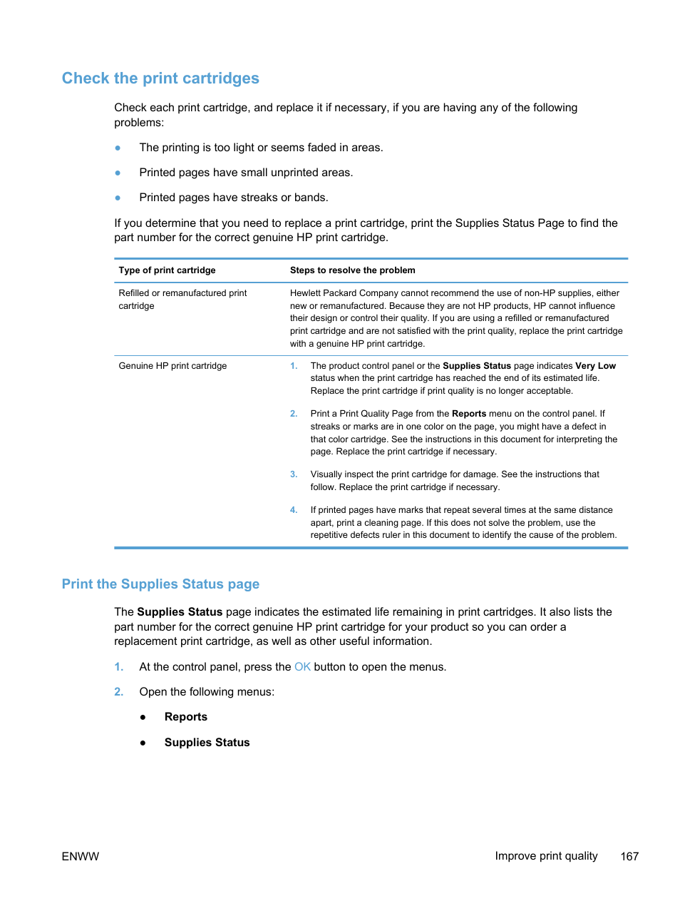 Check the print cartridges, Print the supplies status page | HP LaserJet Pro 400 color Printer M451 series User Manual | Page 185 / 242