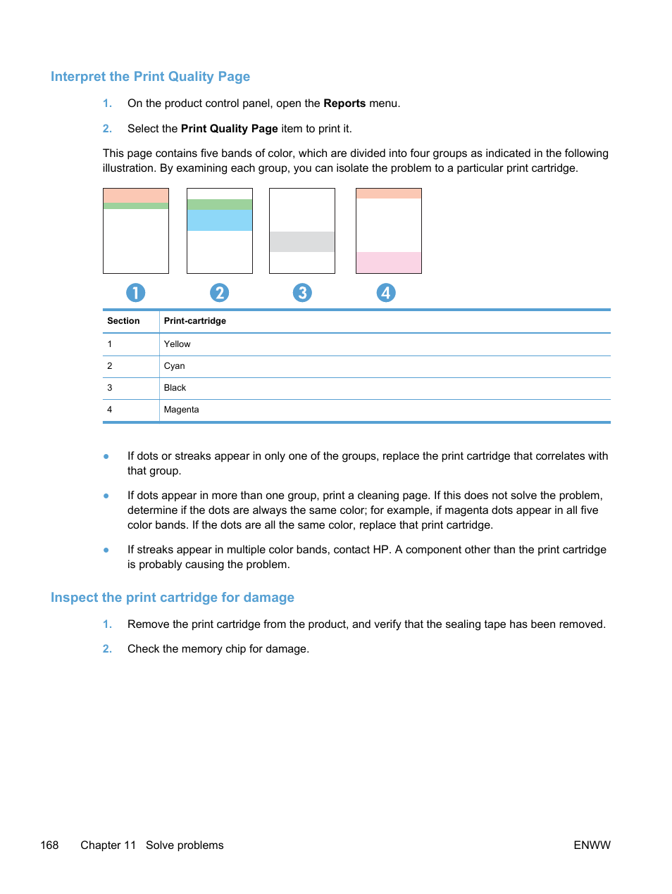 Inspect the print cartridge for damage, Interpret the print quality page | HP LaserJet Pro 400 color Printer M451 series User Manual | Page 186 / 242