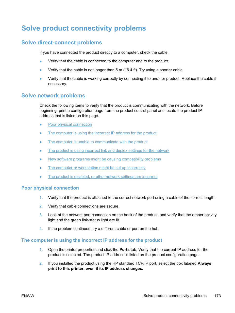 Solve product connectivity problems, Solve direct-connect problems, Solve network problems | Poor physical connection | HP LaserJet Pro 400 color Printer M451 series User Manual | Page 191 / 242