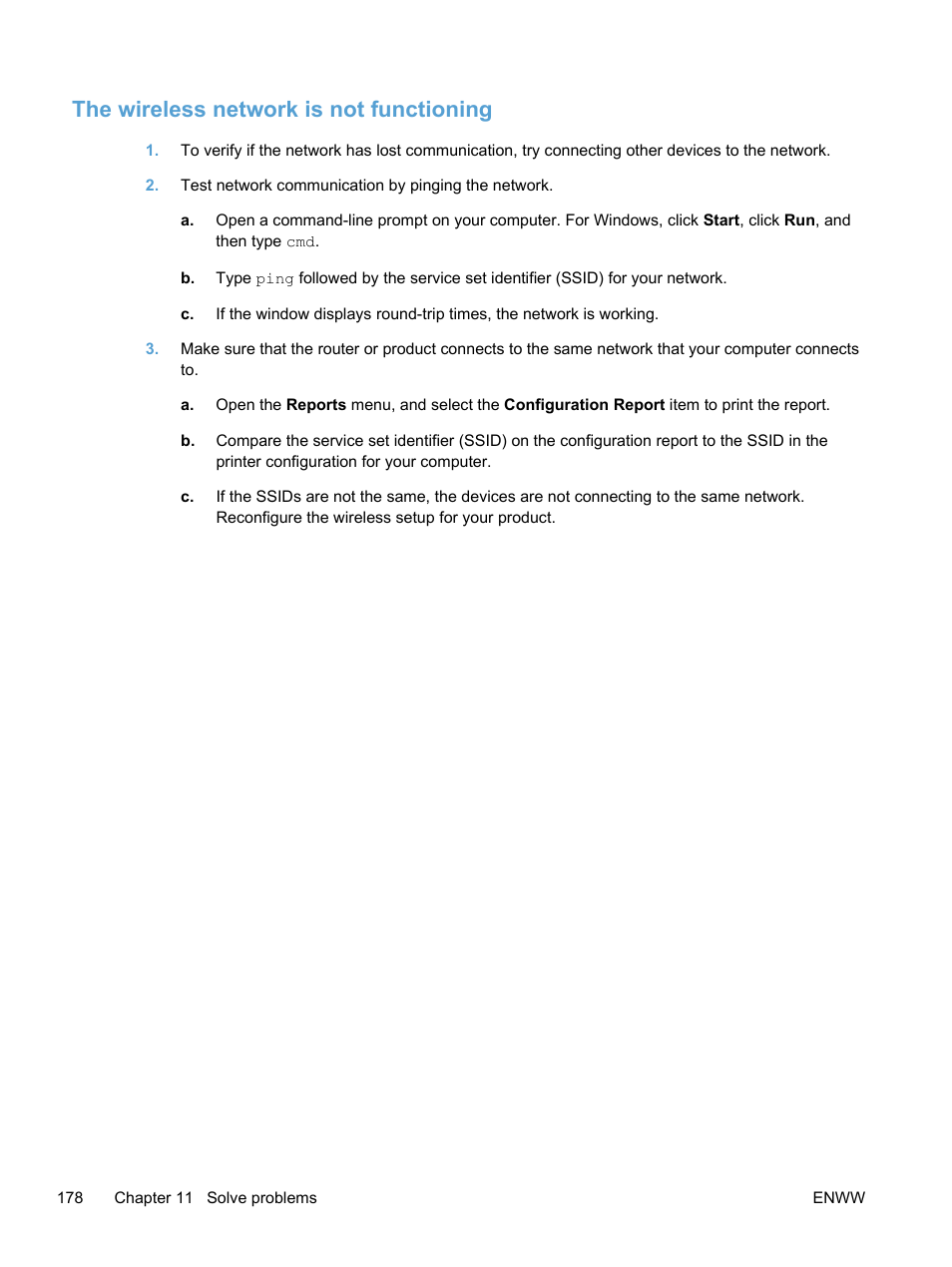 The wireless network is not functioning | HP LaserJet Pro 400 color Printer M451 series User Manual | Page 196 / 242