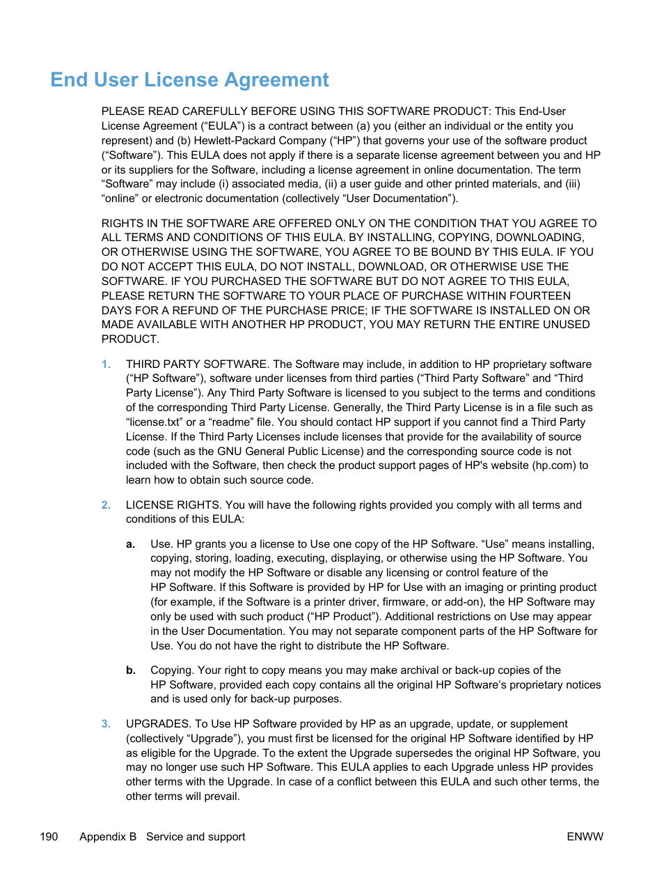 End user license agreement | HP LaserJet Pro 400 color Printer M451 series User Manual | Page 208 / 242