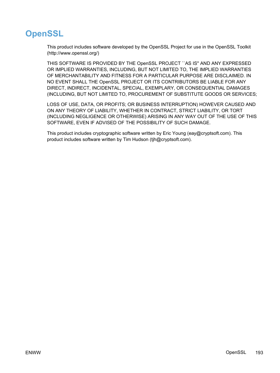 Openssl | HP LaserJet Pro 400 color Printer M451 series User Manual | Page 211 / 242