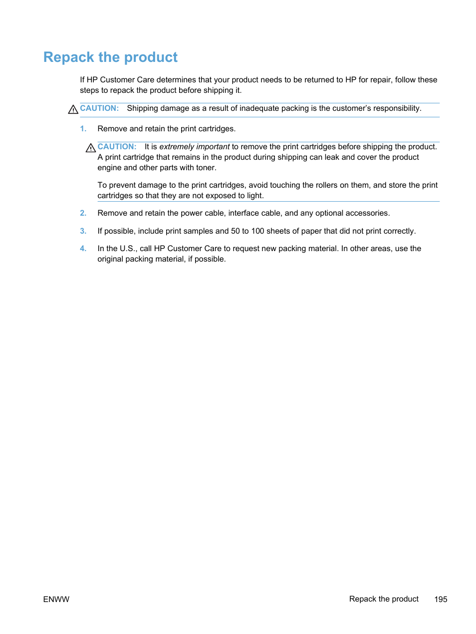 Repack the product | HP LaserJet Pro 400 color Printer M451 series User Manual | Page 213 / 242
