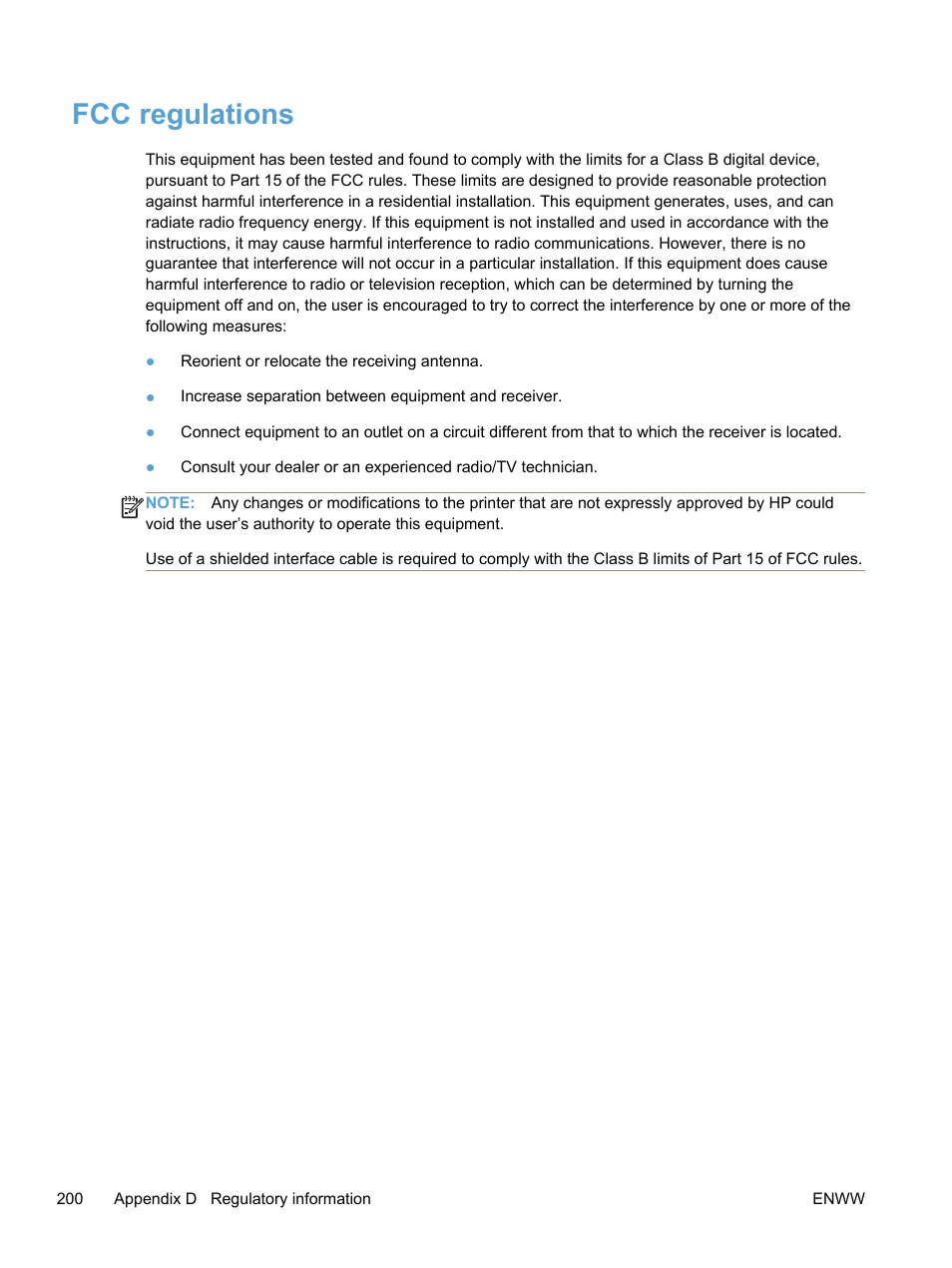 Fcc regulations | HP LaserJet Pro 400 color Printer M451 series User Manual | Page 218 / 242