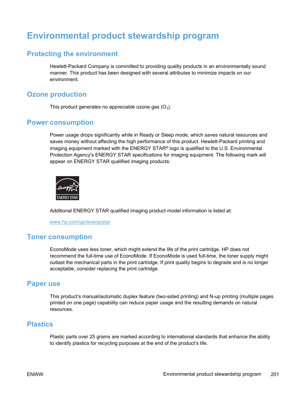 Environmental product stewardship program, Protecting the environment, Ozone production | Power consumption, Toner consumption, Paper use, Plastics | HP LaserJet Pro 400 color Printer M451 series User Manual | Page 219 / 242
