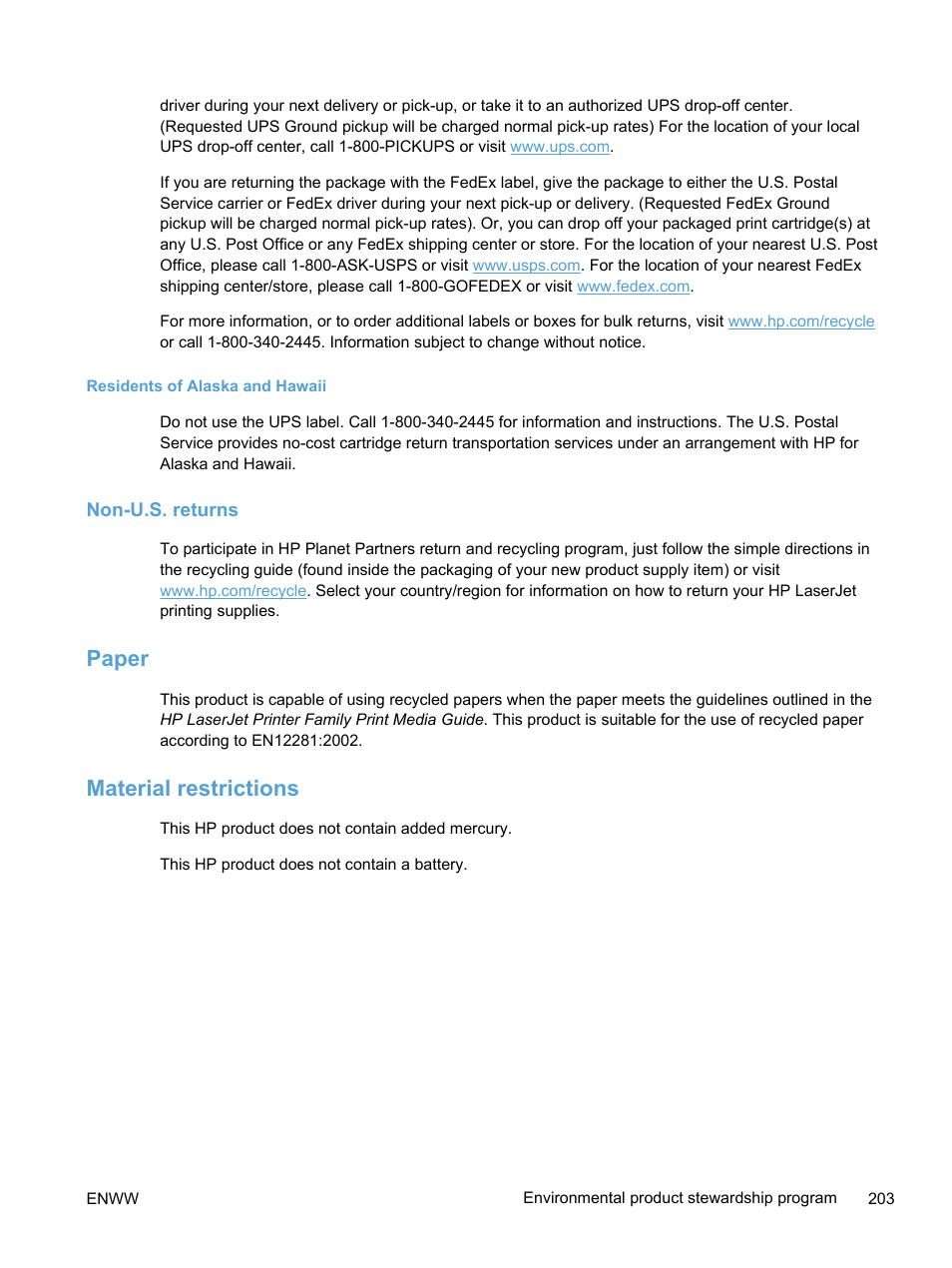 Residents of alaska and hawaii, Non-u.s. returns, Paper | Material restrictions, Paper material restrictions | HP LaserJet Pro 400 color Printer M451 series User Manual | Page 221 / 242