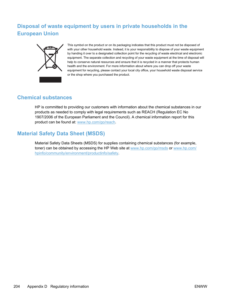 Chemical substances, Material safety data sheet (msds) | HP LaserJet Pro 400 color Printer M451 series User Manual | Page 222 / 242