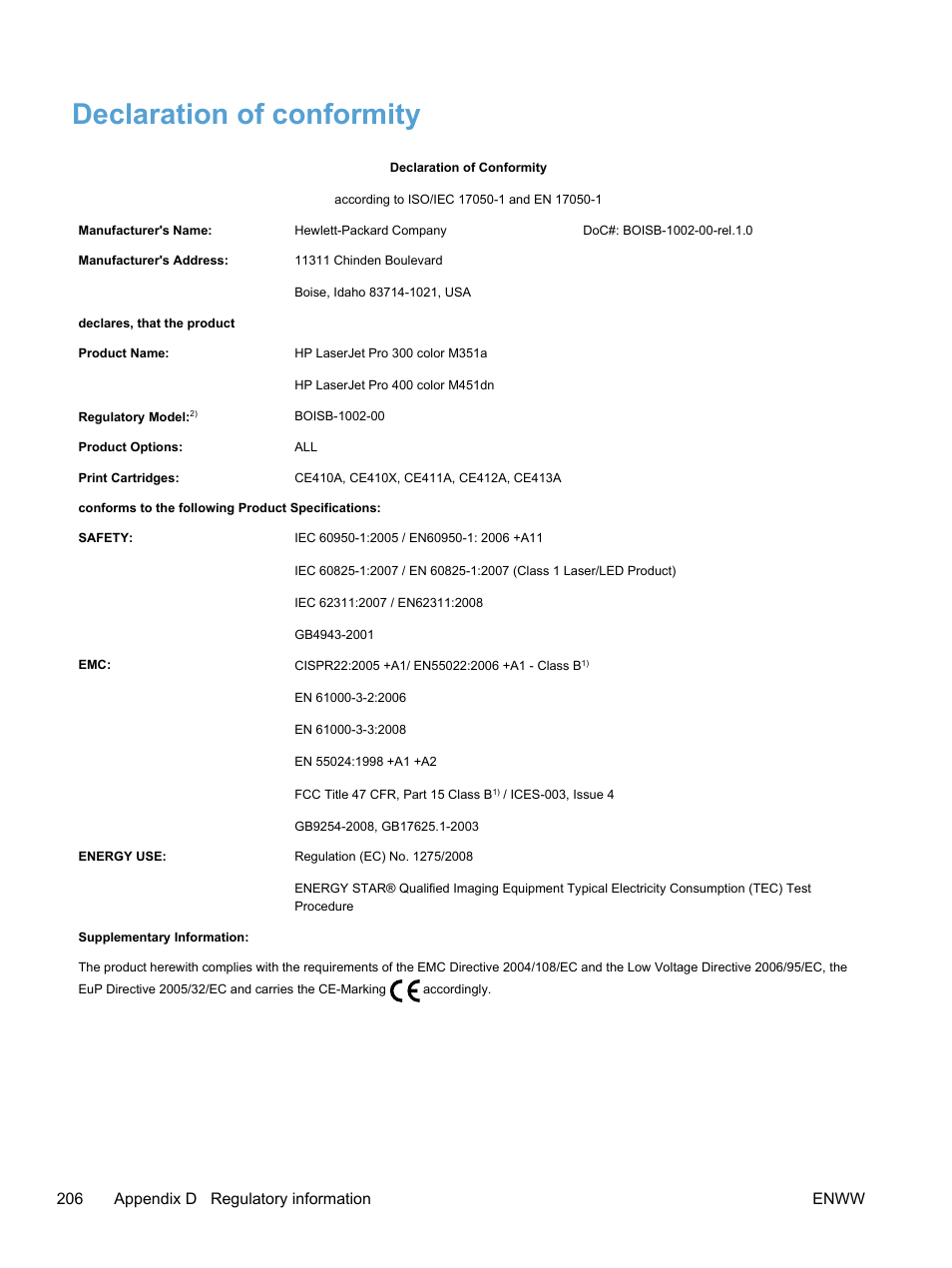 Declaration of conformity, 206 appendix d regulatory information enww | HP LaserJet Pro 400 color Printer M451 series User Manual | Page 224 / 242