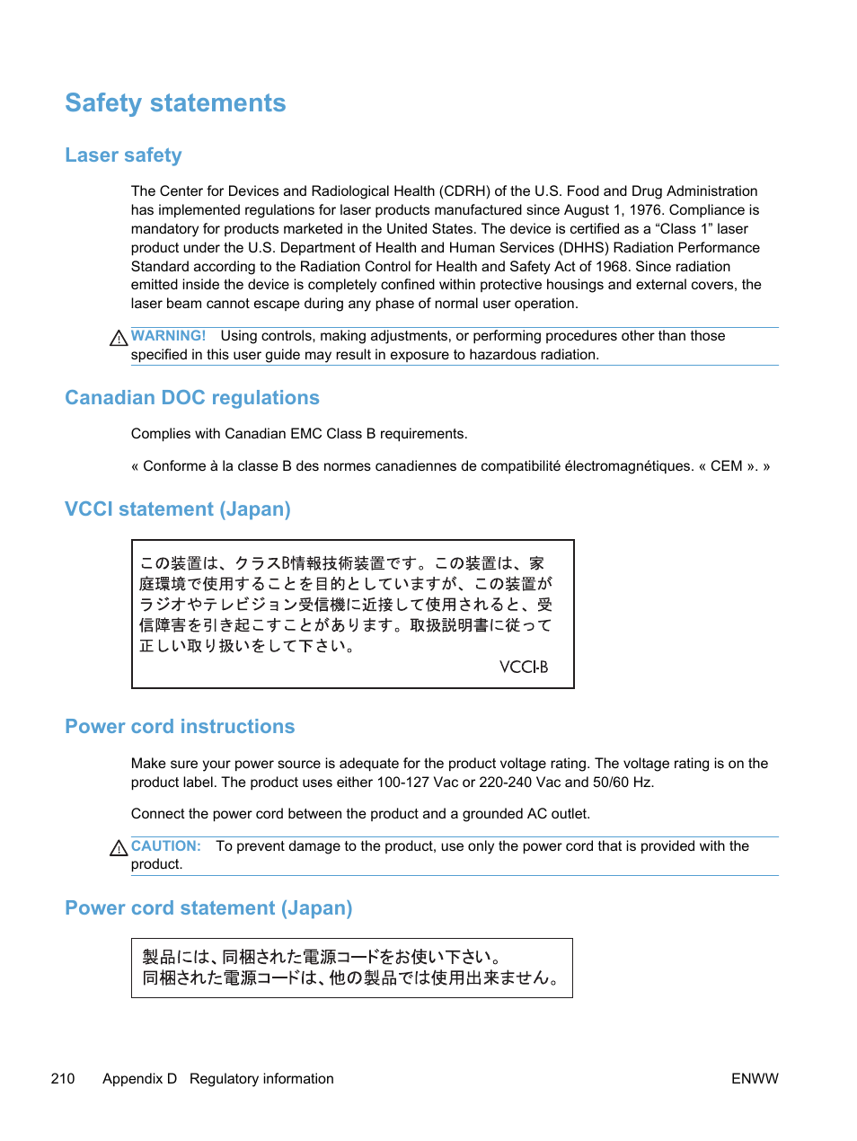 Safety statements, Laser safety, Canadian doc regulations | Vcci statement (japan), Power cord instructions, Power cord statement (japan), Vcci statement (japan) power cord instructions | HP LaserJet Pro 400 color Printer M451 series User Manual | Page 228 / 242