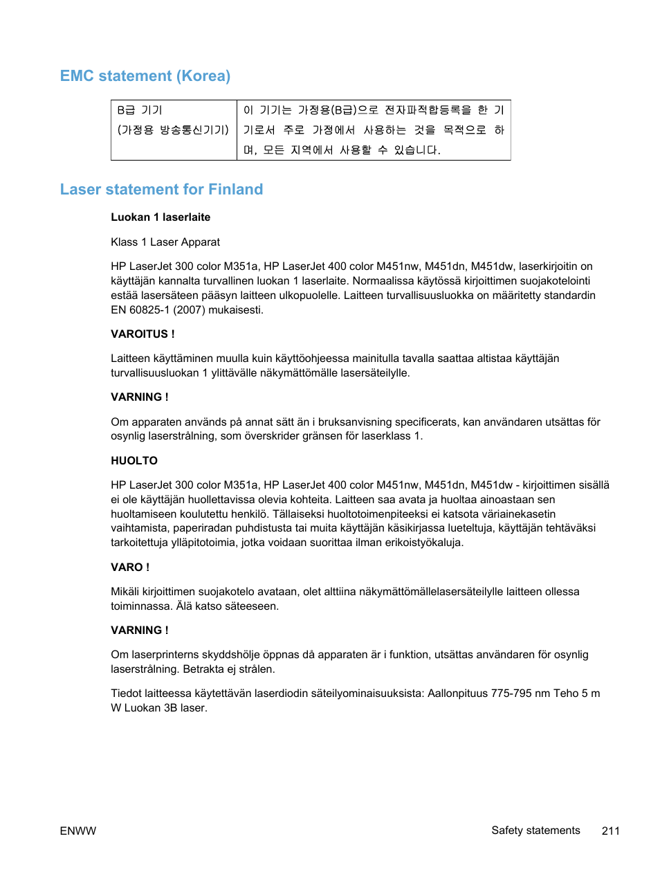 Emc statement (korea), Laser statement for finland, Emc statement (korea) laser statement for finland | HP LaserJet Pro 400 color Printer M451 series User Manual | Page 229 / 242
