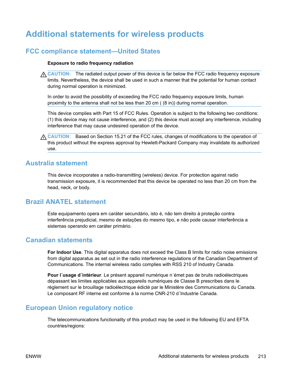 Additional statements for wireless products, Fcc compliance statement—united states, Australia statement | Brazil anatel statement, Canadian statements, European union regulatory notice | HP LaserJet Pro 400 color Printer M451 series User Manual | Page 231 / 242