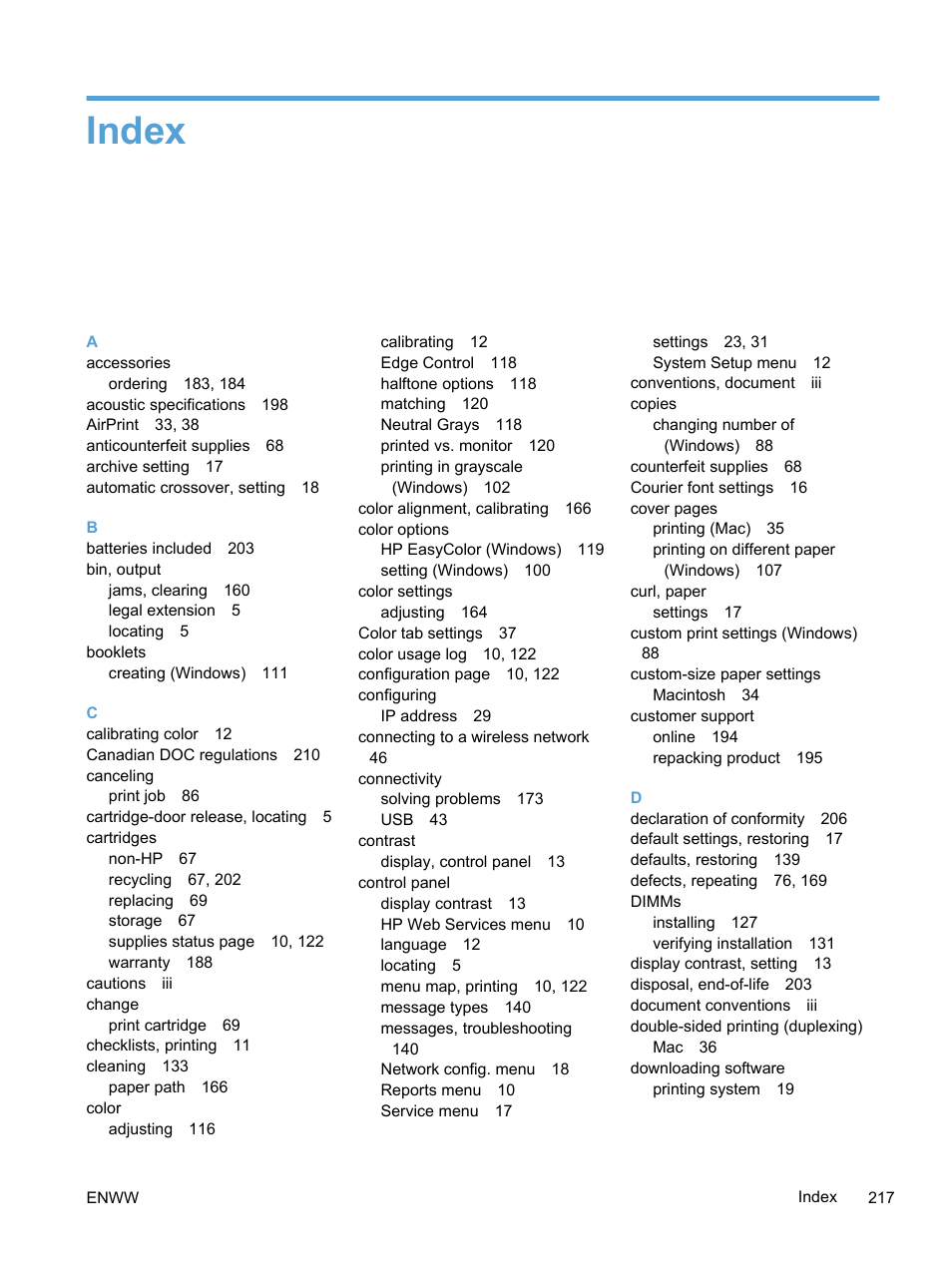 Index | HP LaserJet Pro 400 color Printer M451 series User Manual | Page 235 / 242