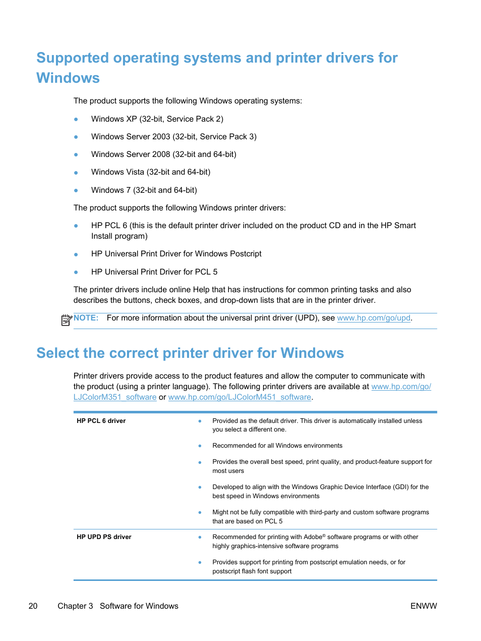 Select the correct printer driver for windows | HP LaserJet Pro 400 color Printer M451 series User Manual | Page 38 / 242