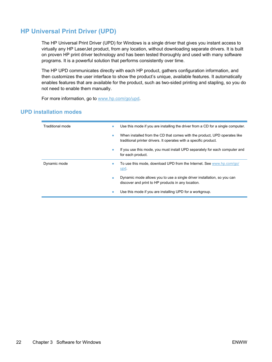 Hp universal print driver (upd), Upd installation modes | HP LaserJet Pro 400 color Printer M451 series User Manual | Page 40 / 242