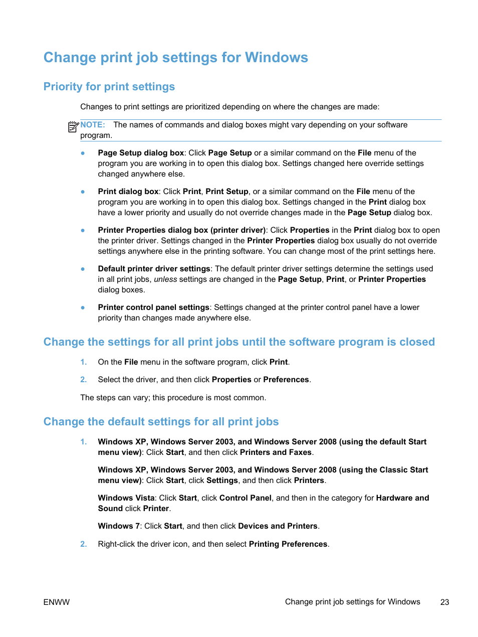 Change print job settings for windows, Priority for print settings, Change the default settings for all print jobs | HP LaserJet Pro 400 color Printer M451 series User Manual | Page 41 / 242