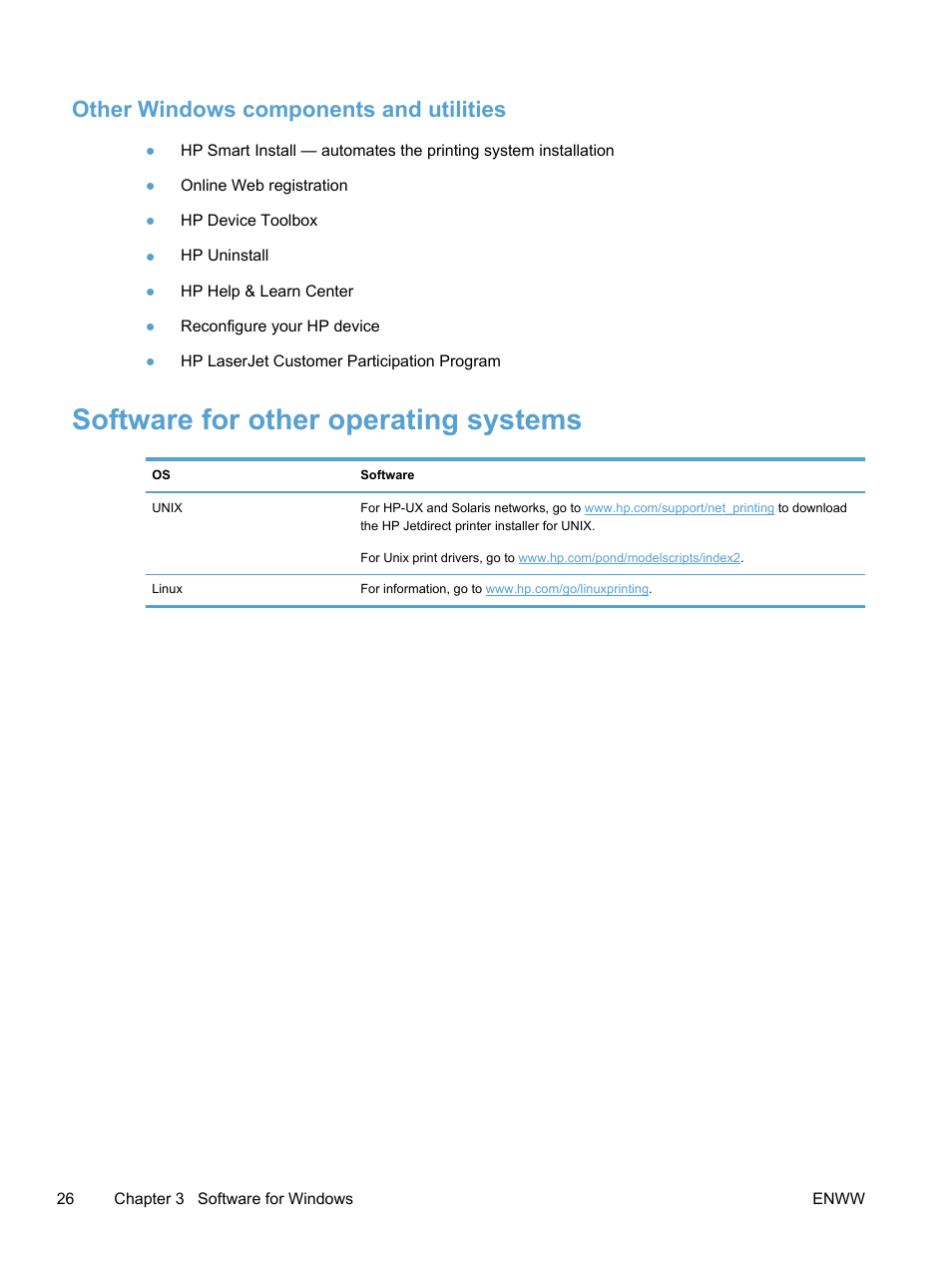 Other windows components and utilities, Software for other operating systems | HP LaserJet Pro 400 color Printer M451 series User Manual | Page 44 / 242