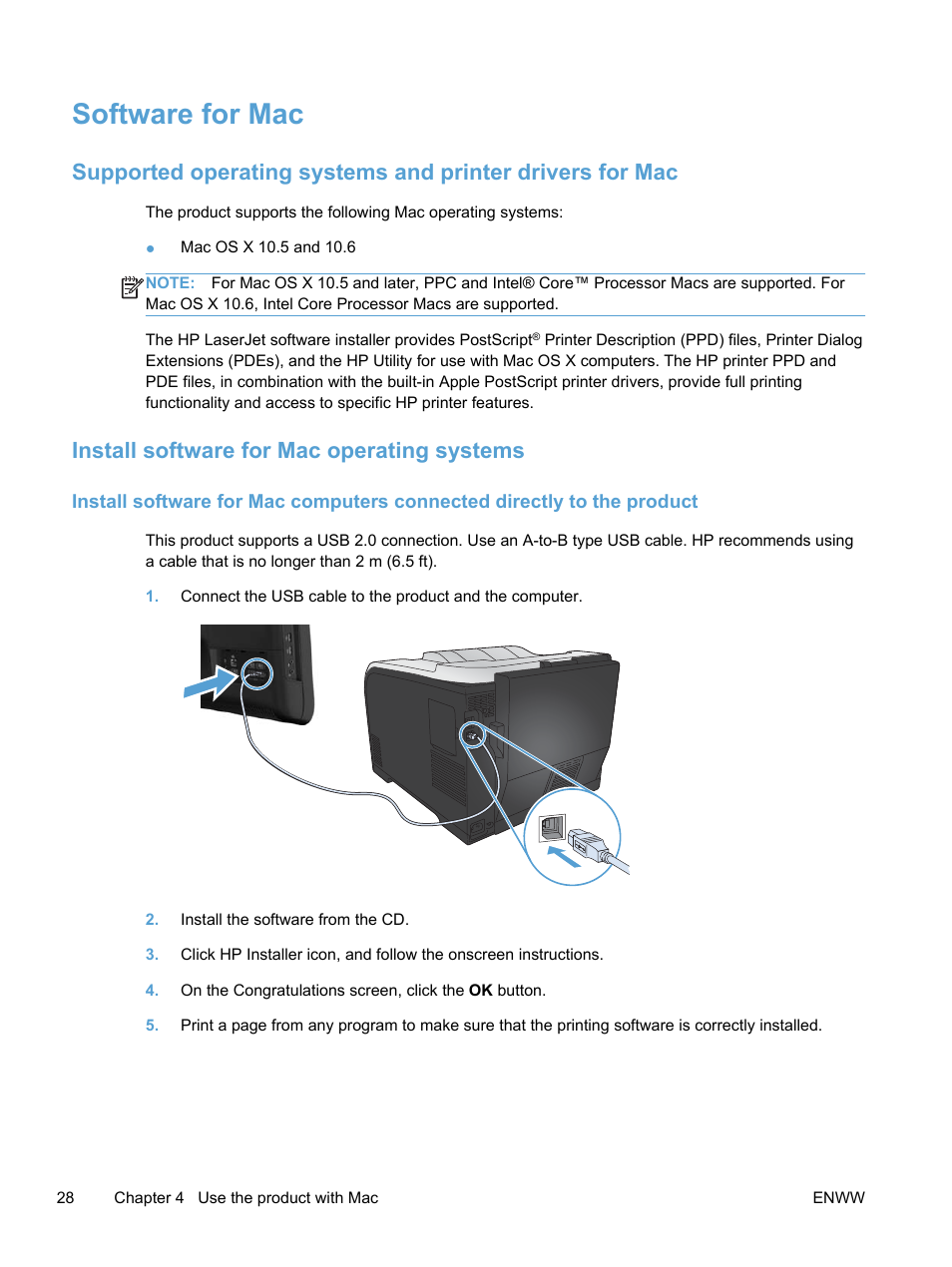 Software for mac, Install software for mac operating systems | HP LaserJet Pro 400 color Printer M451 series User Manual | Page 46 / 242