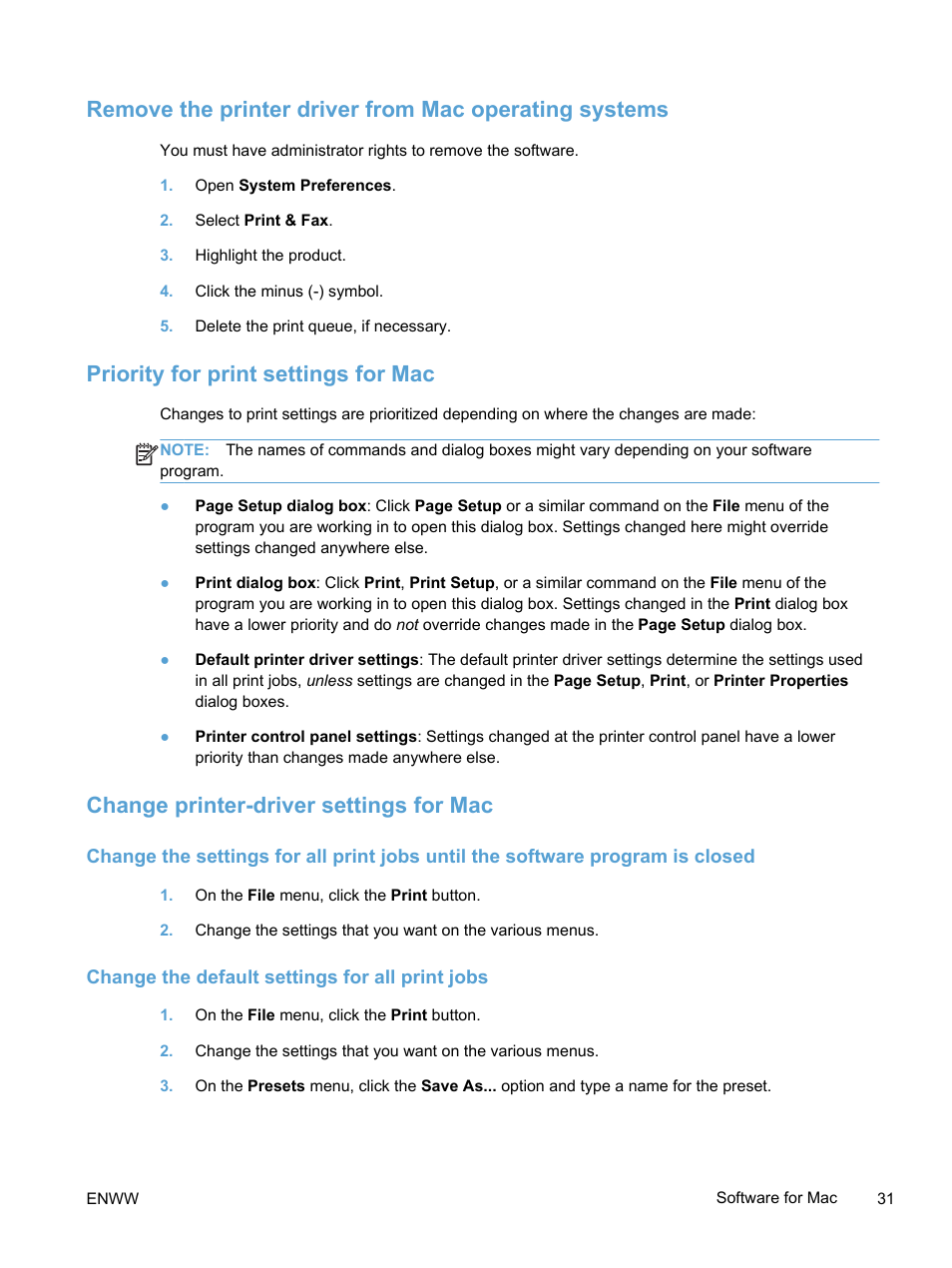 Priority for print settings for mac, Change printer-driver settings for mac, Change the default settings for all print jobs | HP LaserJet Pro 400 color Printer M451 series User Manual | Page 49 / 242