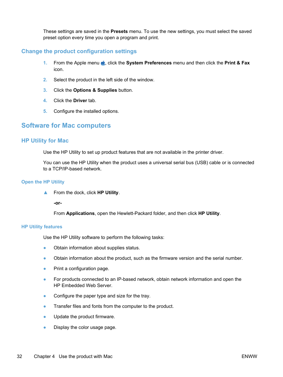 Change the product configuration settings, Software for mac computers, Hp utility for mac | Open the hp utility, Hp utility features, Open the hp utility hp utility features | HP LaserJet Pro 400 color Printer M451 series User Manual | Page 50 / 242