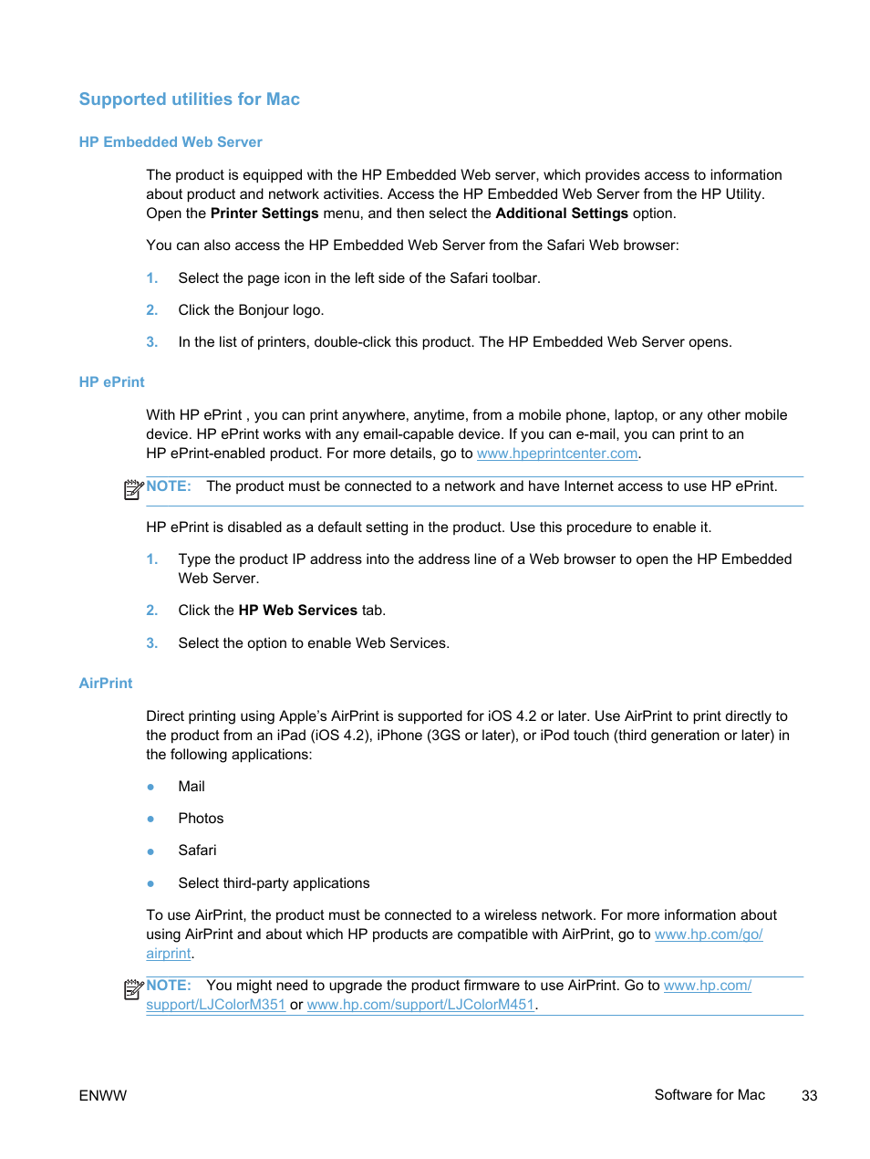 Supported utilities for mac, Hp embedded web server, Hp eprint | Airprint, Hp embedded web server hp eprint airprint | HP LaserJet Pro 400 color Printer M451 series User Manual | Page 51 / 242